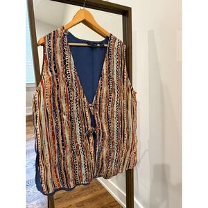 Vintage Silk Artsy Boho Western 16W Blue Geometric Sleeveless Tie Front Vest